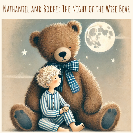 **Alt Text:** Boy in blue pajamas sitting with a large teddy bear under the moon, storybook style.