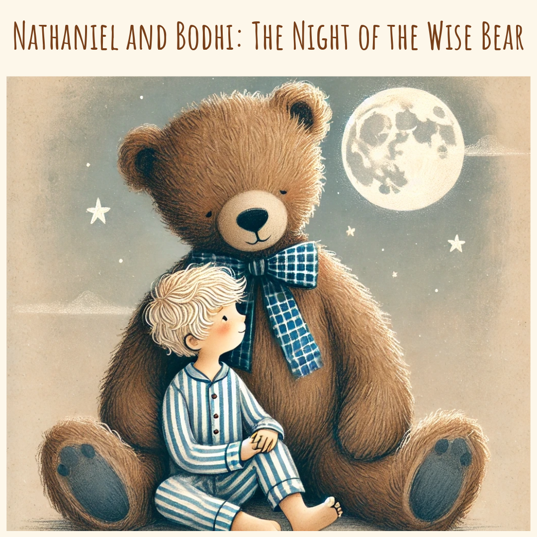 **Alt Text:**   Boy in blue pajamas sitting with a large teddy bear under the moon, storybook style.