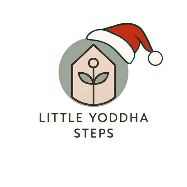 Logo of 'Little Yoddfa Steps' with a house and flower design, and a Santa hat on a white background.