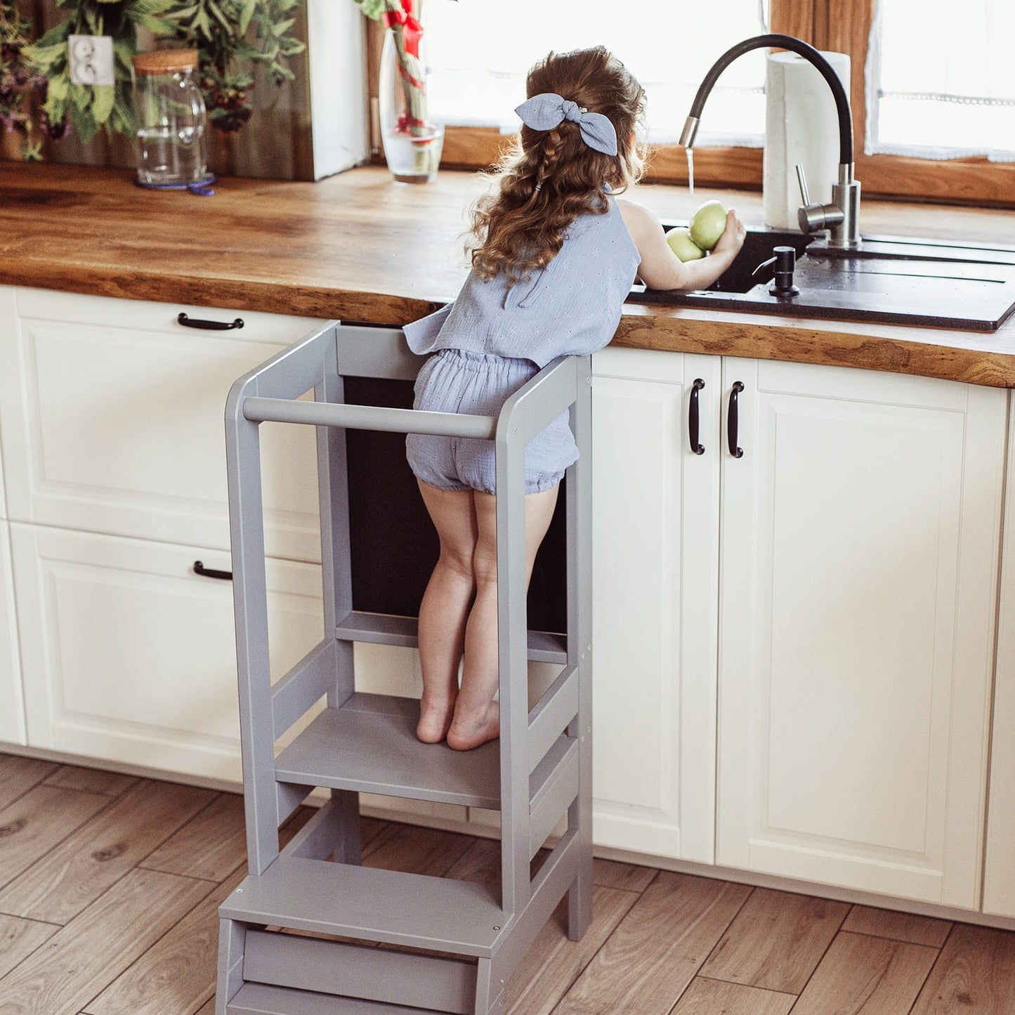 MeowBaby Wooden Kitchen Helper for Children with Board - Dark Grey